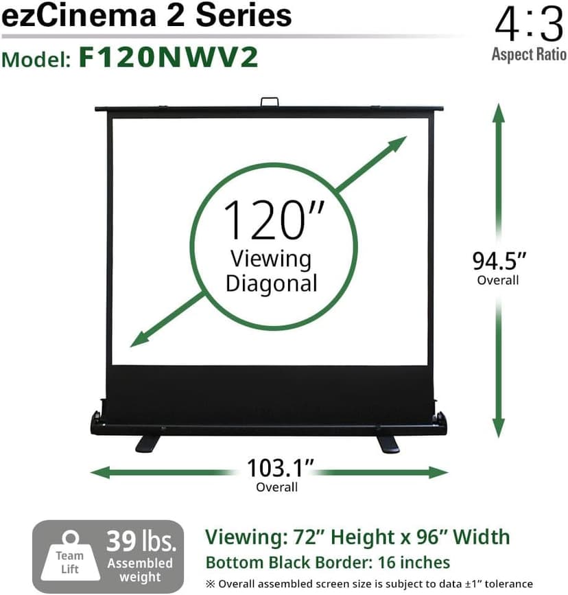 Elite Screens ezCinema 2, 120-inch 4:3 Aspect Ratio Portable Manual Floor Pull Up with Scissor Backed Projector Projection Screen Office Classroom Church Home Theater + Carrying Bag, F120NWV2