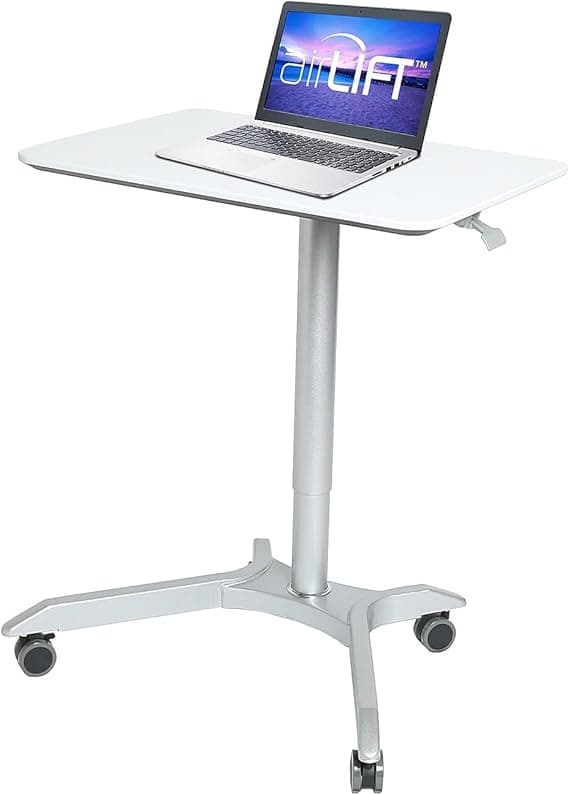 Seville Classics AIRLIFT XL 28" Pneumatic Height Adjustable Sit-Stand Mobile Laptop Computer Desk Cart (27.1" to 41.9" H), White