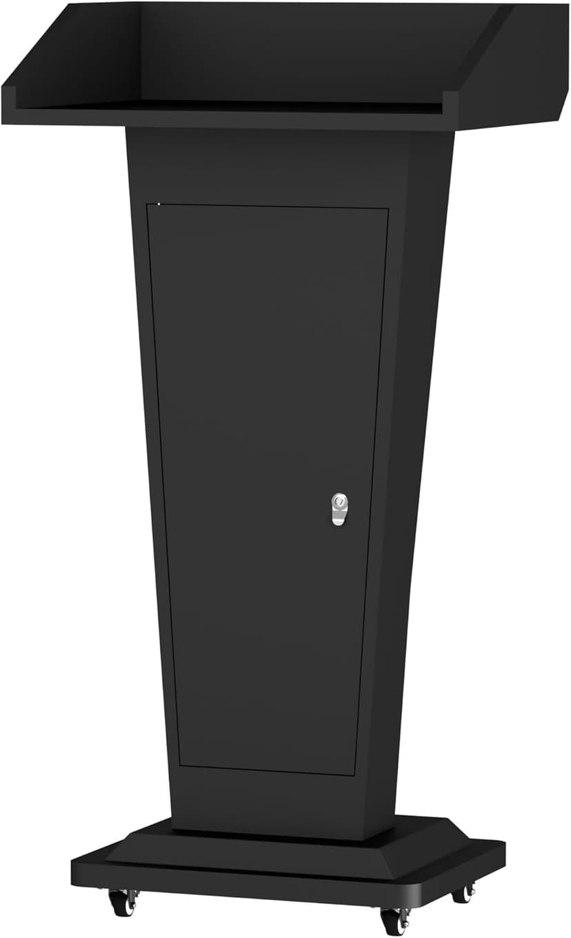 Heavy-Duty Black Metal Podium Stand with Lockable Wheels | Mobile Lectern with Storage Cabinet & Adjustable Height | for Conference Rooms, Churches, Classrooms & Events