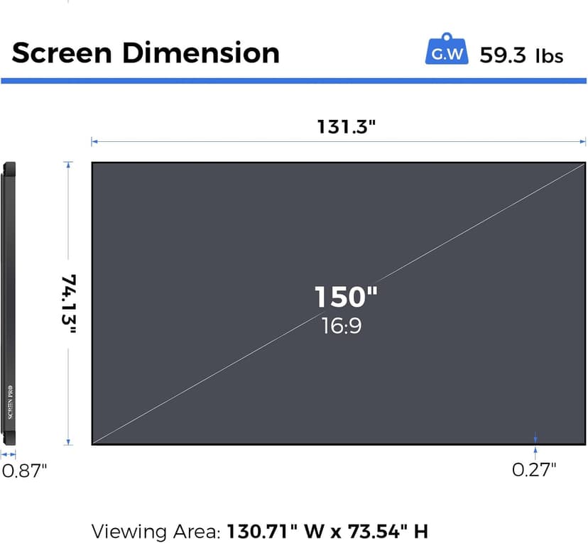 SCREENPRO ALR 150inch Ambient Light Rejecting Wall Mount Projector Screen for Laser Projector & UST Projector, 16:9 4K/8K Ultra Edge Free Fixed Frame Ceiling Light Rejecting Screen for Home Theater