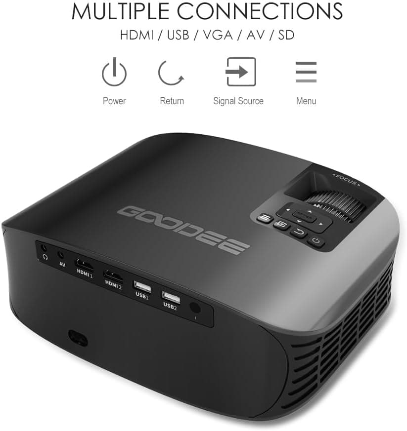 GooDee Projector, 2023 Dolby Native 1080P Video Projector, 15000L Outdoor Movie Projector, 230" Supported Home Projector, Compatible with Fire TV Stick, PS4, HDMI, VGA, AV and USB, Black (YG600)
