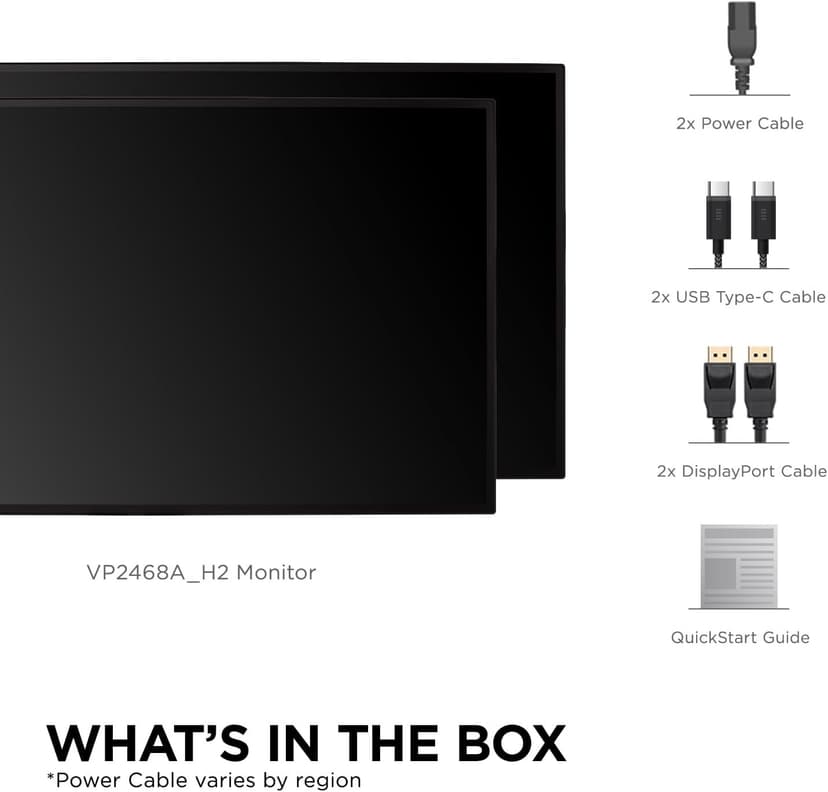 ViewSonic VP2468A_H2 24-Inch Dual Pack Head-Only IPS 1080p Monitor with Advanced Ergonomics, 100% sRGB REC 709, 14-bit 3D LUT, Eye Care, and 65W USB C, Daisy Chain
