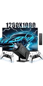 P30 max Projector and Game,1280*720P,Smart game projector built-in 35000 Games with 2 Wireless Controllers,Portable Mini Video Projector with 5G Wifi&Bluetooth, 4K,2.4G Receiver,Home,Office (128G)