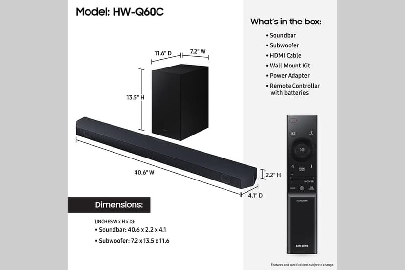 SAMSUNG HW-Q60C 3.1ch Soundbar w/Dolby Audio, Q-Symphony, Adaptive Sound Lite, HDMI eARC, Game Mode, Bluetooth, Tap Sound, Wireless Surround Sound Compatible, Black