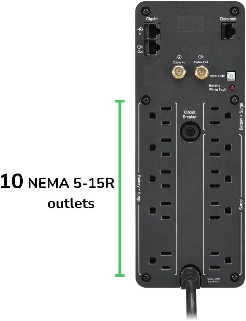 APC UPS 1500VA Sine Wave UPS Battery Backup, BR1500MS2 Backup Battery Power Supply, AVR, 10 Outlets, (2) USB Charger Ports