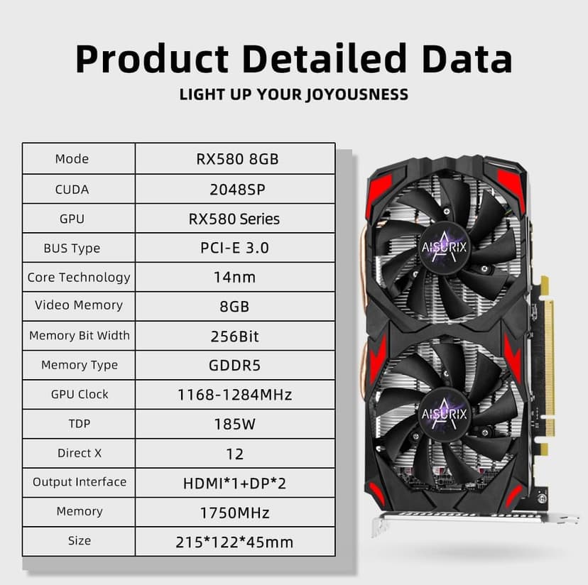 AISURIX RX 580 Graphics Card, 2048SP, Real 8GB, GDDR5, 256 Bit, Pc Gaming Video Card, 2XDP, HDMI, PCI Express 3.0 with Freeze Fan Stop for Desktop Computer Gaming Gpu
