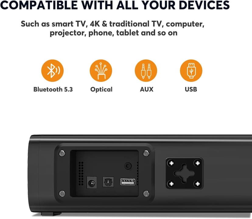Wohome 2.1ch Small Sound Bars for TV with 6 Levels Voice Enhancement, Built-in Subwoofer, 16 Inches Bluetooth 5.3 Soundbar Speakers with Optical/AUX/USB Connection, S100
