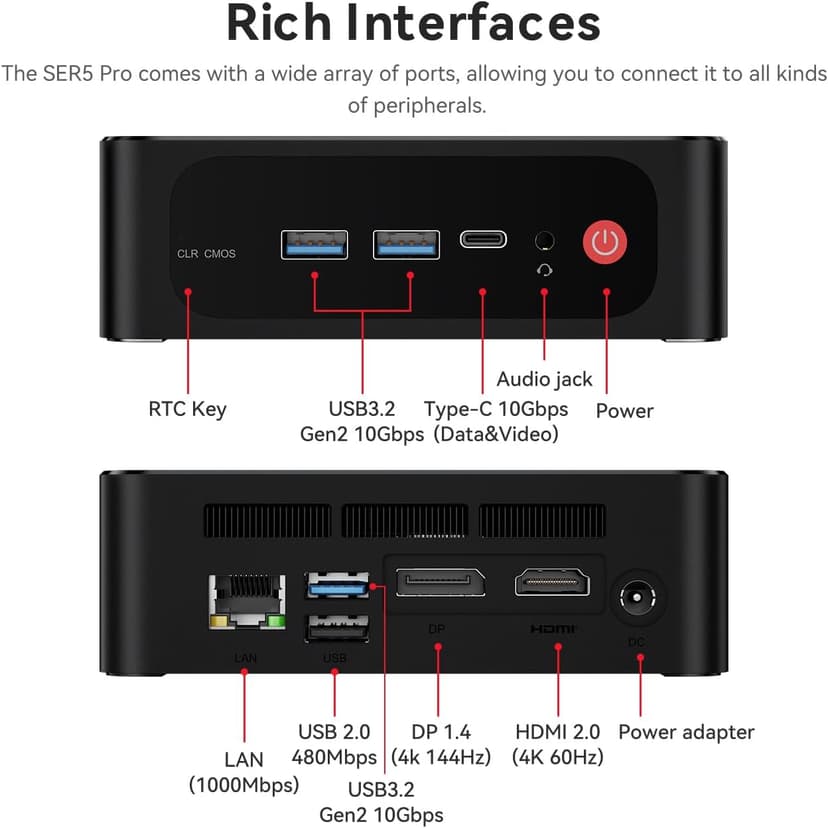 Beelink SER5 Pro Mini PC, AMD Ryzen 7 5825U(8C/16T, up to 4.5GHz), 32GB DDR4 RAM 500GB PCle3.0 SSD, SER5 Mini Computer Support 4K@60Hz Triple Display, WiFi6, BT5.2, DP+HDMI, Type-C