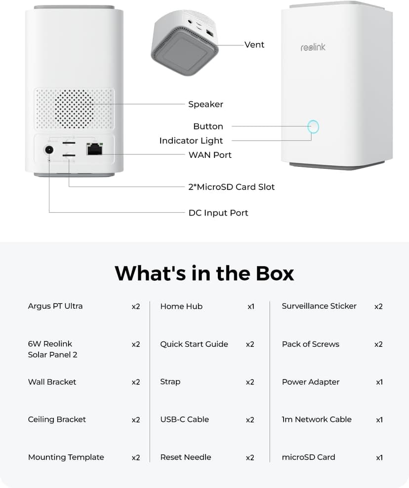REOLINK 4K Solar Security Cameras Wireless Outdoor System, Color Night Vision, 360° Pan Tilt Auto-Tracking, 2.4/5 GHz Wi-Fi 6, Encrypted Local Storage, No Subscription, Home Hub with 2X Argus PT Ultra