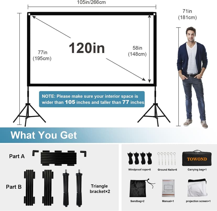 Projector Screen and Stand, Towond 120 inch Portable Movie Screen Indoor Outdoor 16:9 4K HD Front Rear Projection Screen with Carry Bag Wrinkle-Free and Foldable Design for Home Theater