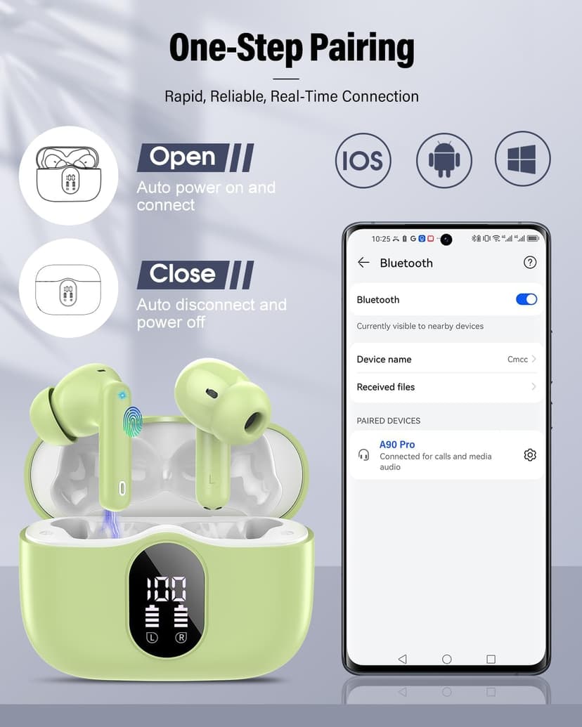 Wireless Earbuds, Bluetooth 5.4 Headphones Bass Stereo, Ear Buds with Noise Cancelling Mic, IP7 Waterproof in Ear Earphones, 36H LED Display Bluetooth Earbuds for Laptop Pad Phones Sports, Grass Green