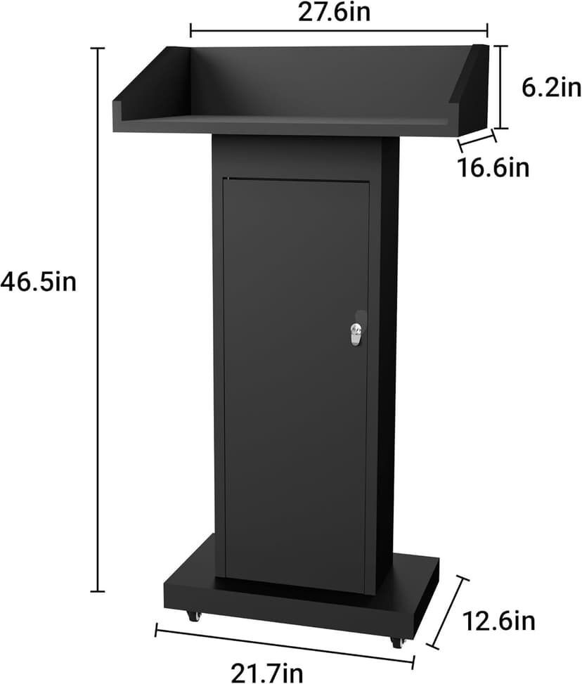 GARVIN Podium Stand with 4 Lockable Wheels, Heavy-Duty Metal Lecterns & Podiums with Hidden Storage, 46.5”H Portable Pulpit for Church, School, Office and Conference, Black