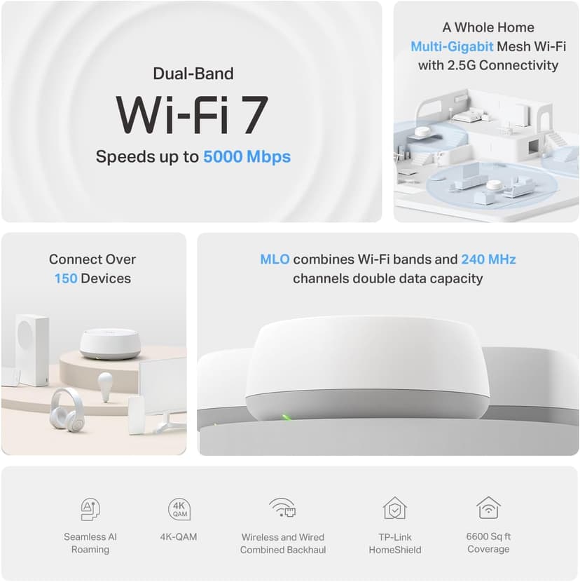 TP-Link Deco BE25 Dual-Band BE5000 WiFi 7 Mesh Wi-Fi System | 4-Stream 5 Gbps, 240 Mhz | Covers up to 6,600 Sq.Ft | 2X 2.5G Ports Wired Backhaul | VPN,MLO, AI-Roaming, HomeShield, 3-Pack