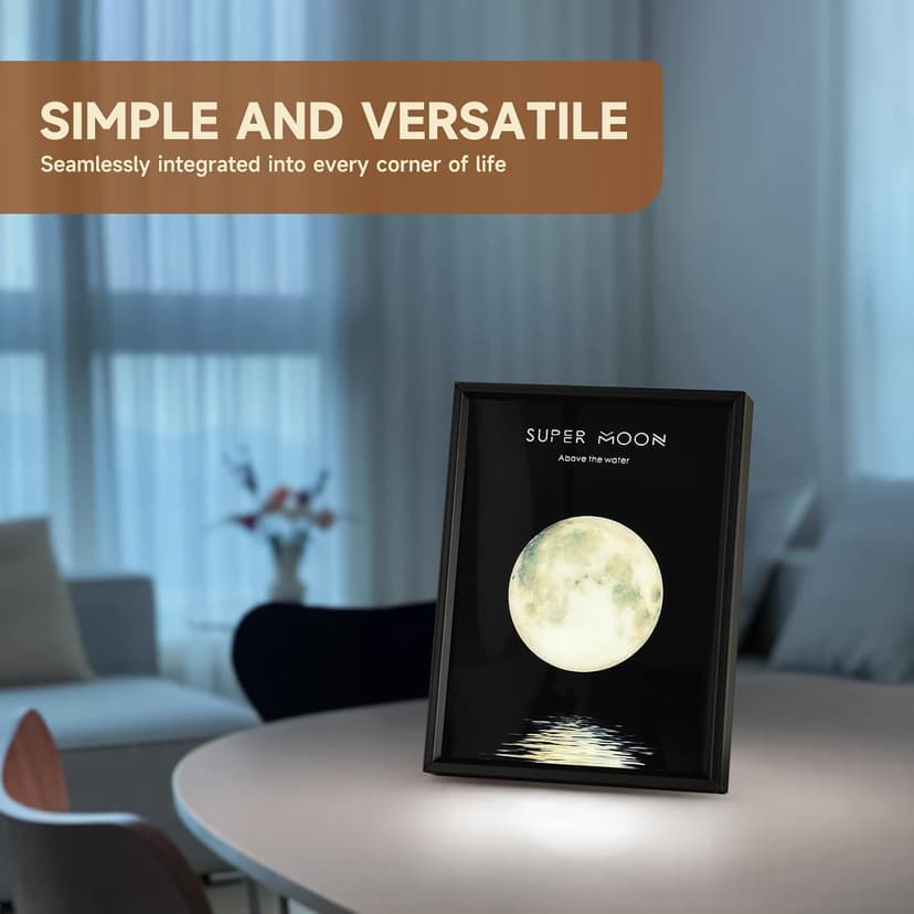 Super Moon Wireless Bluetooth Speaker Wall Art, LED Moon Light Decoration, Black Frame with Music Player Gift