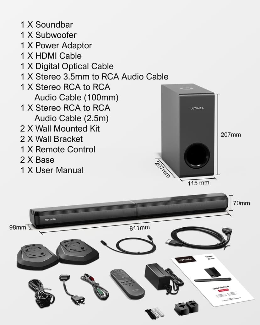 ULTIMEA 4.1ch Sound Bar for Smart TV with Subwoofer, Peak Power 200W, 2-in-1 Detachable Soundbar for TV, Bluetooth 5.3, Bass Adjustable, 3 EQ Modes TV Sound Bar, HDMI ARC/Optical/Aux, Apollo S50