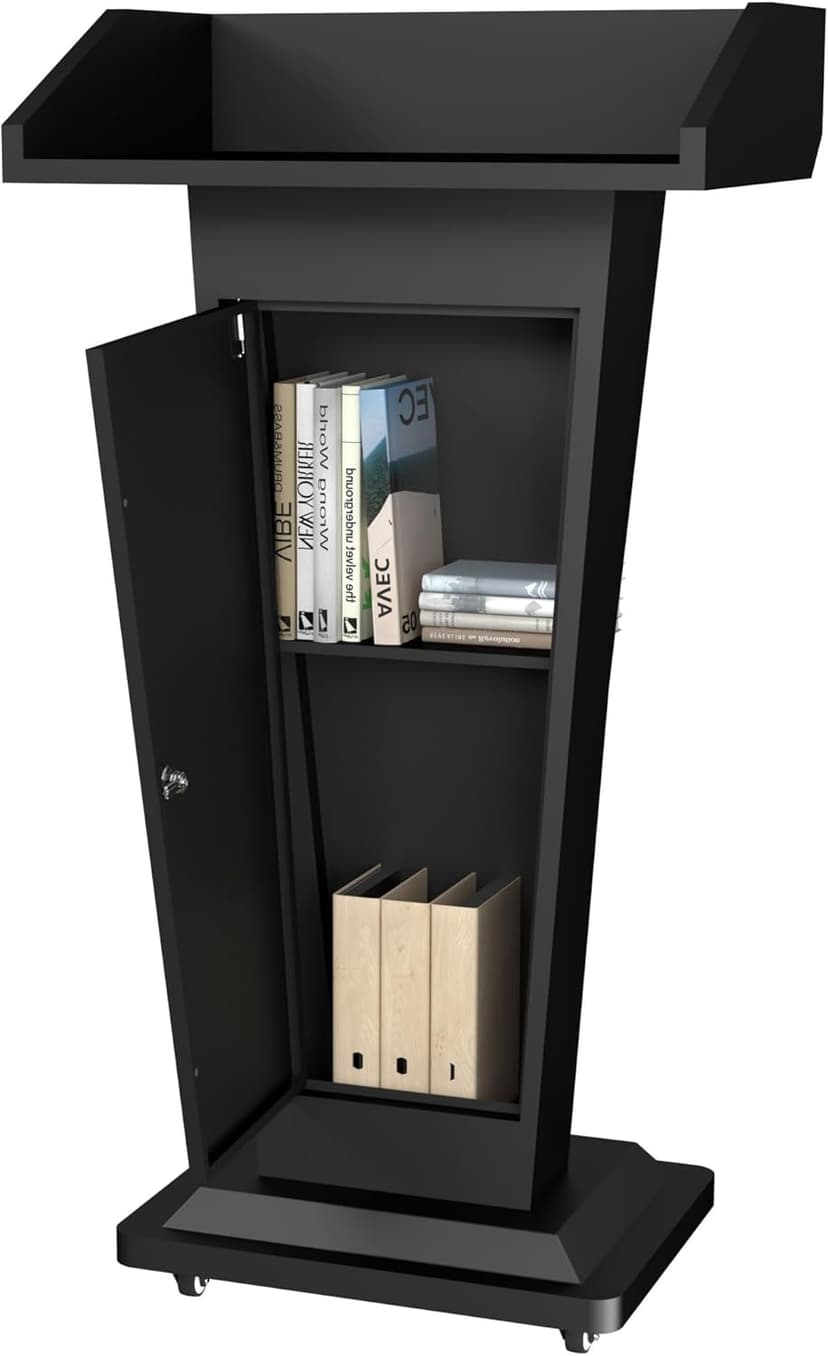 Heavy-Duty Black Metal Podium Stand with Lockable Wheels | Mobile Lectern with Storage Cabinet & Adjustable Height | for Conference Rooms, Churches, Classrooms & Events
