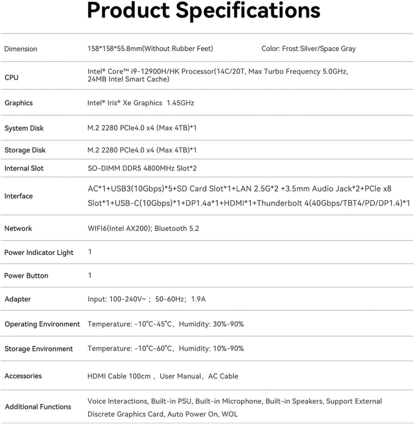 Beelink GTi12 Ultra Mini PC, Intel Core i9-12900HK (14C/20T, up to 5.0GHz), 32GB DDR5 RAM 1TB PCle4.0 SSD, Mini Desktop Computer Support 4K@144Hz/AI Chip/Voice Interaction/Speaker/Fingerprint Sensor