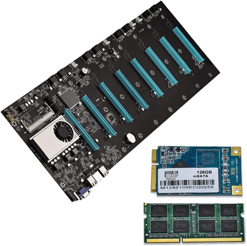 Mining Motherboard S37 with 8GB RAM and 128GB SSD DDR3 Memory Support 8 GPU VGA + HDMI 8XPCIE 16X Graph Card Gigabit Network RJ45 Port for BTC ETH Miner