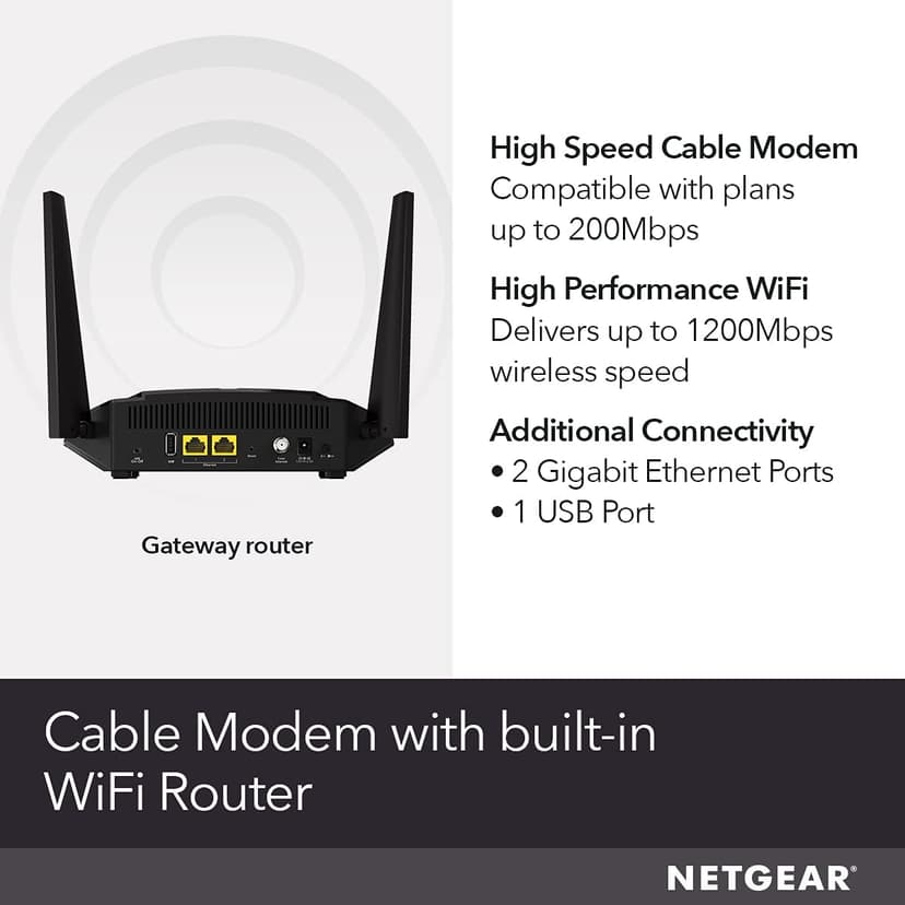 NETGEAR Cable Modem WiFi Router Combo C6220 - Compatible With All Cable Providers Including Xfinity by Comcast, Spectrum, Cox | For Cable Plans Up to 200 Mbps | AC1200 WiFi Speed | DOCSIS 3.0