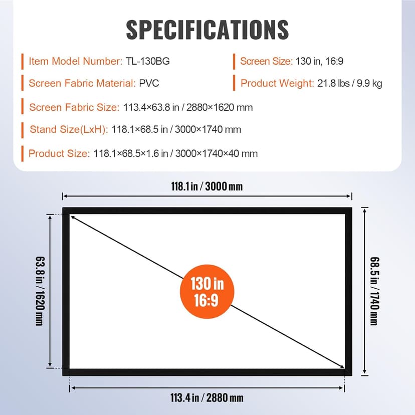 VEVOR Projector Screen Fixed Frame 130inch Diagonal 16:9 Movie Projector Screen 4K HD with Aluminum Frame Projector Screen Wall Mounted for Home Theater Office