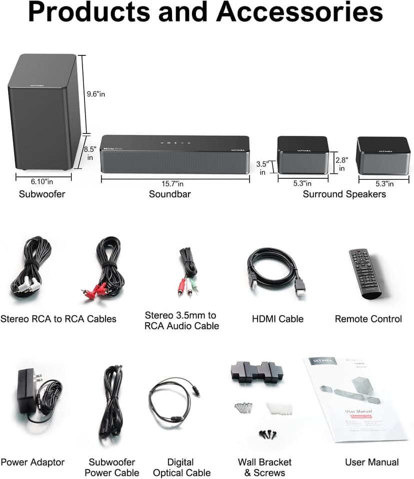 ULTIMEA 5.1 Sound Bar for Smart TV, with Dolby Atmos, 410W Peak Power, Surround Sound System for TV, Wireless Subwoofer Bass Boost, Surround Adjustable, APP Control, Poseidon D60(New 2025 Model)
