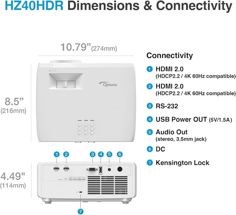 Optoma HZ40HDR HD DLP Theatre and Gaming Projector - White