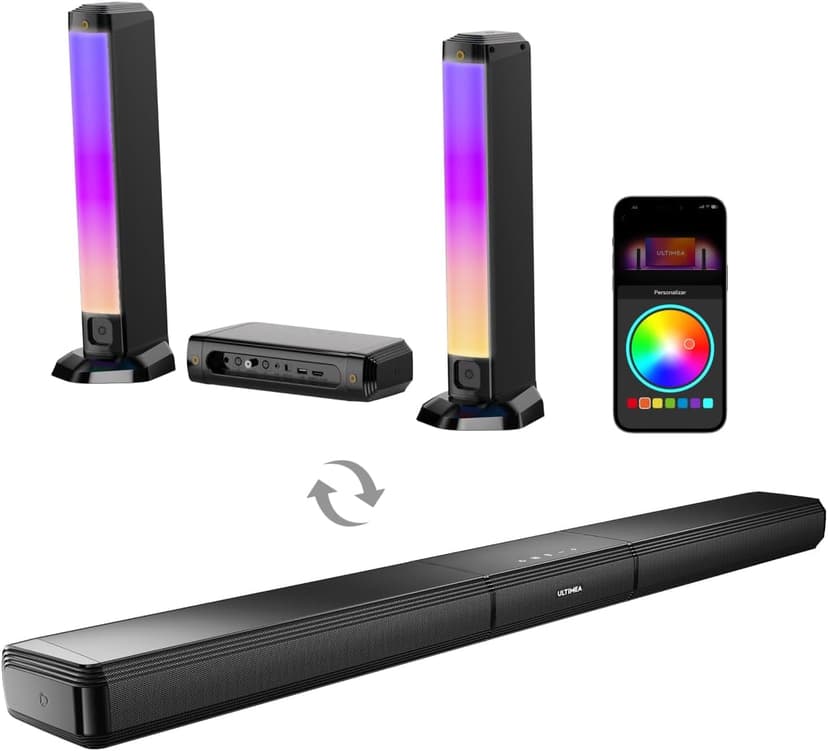 ULTIMEA 5.0ch Sound Bar for Smart TV, PC Soundbar with RGB Light, Detachable Soundbar for TV with App Control, 120W Peak Power, Bluetooth 5.3 TV Sound Bar, HDMI-ARC/Opt/AUX, Wall Mount, Apollo S70