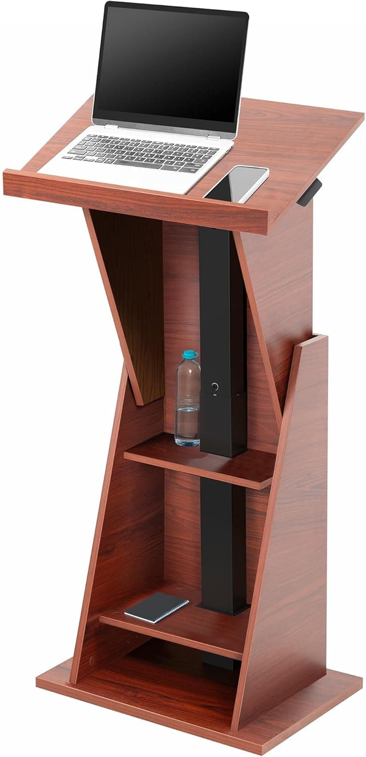 VIVO Pneumatic Height Adjustable Podium, Professional Presentation Lectern with 24 inch Platform and Storage Shelves, Dark Walnut, Stand-PDMH