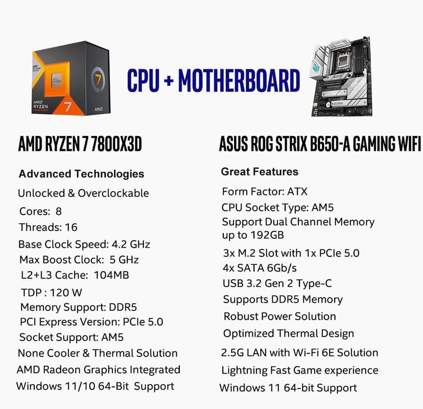 Micro Center CPU Motherboard Kit AMD Ryzen 7 7800X3D Unlocked Desktop Processor with ASUS ROG Strix B650-A Gaming WiFi 6E AM5 (LGA1718) Ryzen 7000 Gaming Motherboard