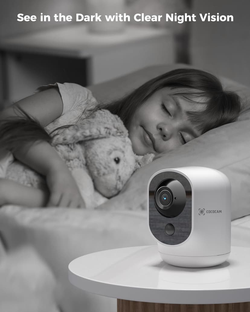 COCOCAM 2K Indoor Pan/Tilt Security Camera with 5200mAh Battery, WiFi Camera,Wireless for Baby Monitor/Pet/Home Security, AI Recognition, PIR Human Detection, 2.4G WiFi (White)