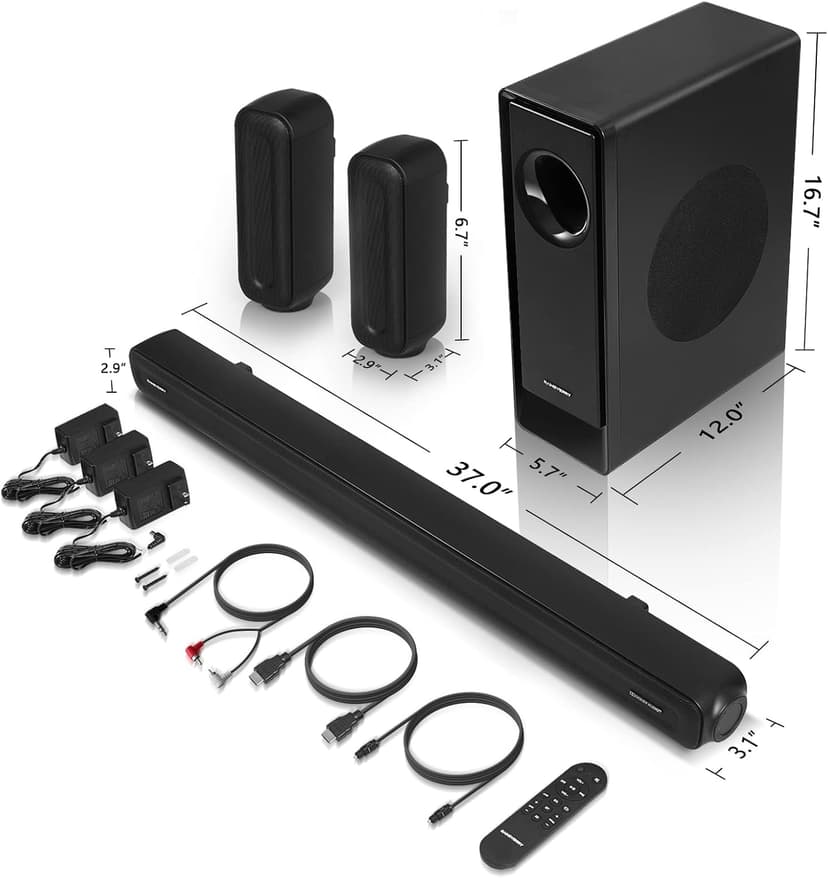 5.1 CH Surround Sound Bar with Dolby Audio, Sound Bars for TV, Wireless Subwoofer & Rear Speaker, Dolby Digital Plus, Bluetooth 5.3, Surround Sound System for Home Theater, 4K & HD TVs| HDMI & Optical
