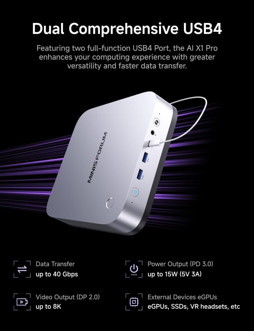 MINISFORUM AI X1 Pro-370 Mini PC AMD Ryzen AI 9 HX 370(12C/24T) 64GB DDR5 1TB SSD Desktop Computer, HDMI|DP|2xUSB4 Output, 2xRJ45 Port, WiFi7, BT5.4, AMD Radeon 890M Graphics, Copilot Support AI PC