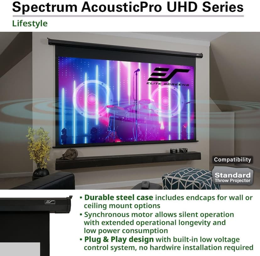 Elite Screens Spectrum AcousticPro UHD, 100-INCH Motorized Electric Projector Screen Moiré-Free Sound Transparent Perforated Weave Movie Home Theaters, ELECTRIC100H2-AUHD