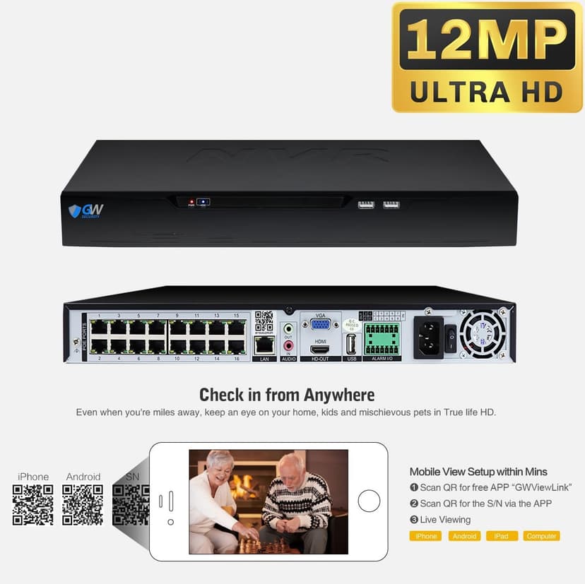 GW Security 16 Channel NVR UltraHD 4K Face Recognition NDAA & TAA Compliant Security Camera System with 16 x 8MP @25FPS Outdoor & Indoor PoE Dome Cameras, 10 Smart AI Functions