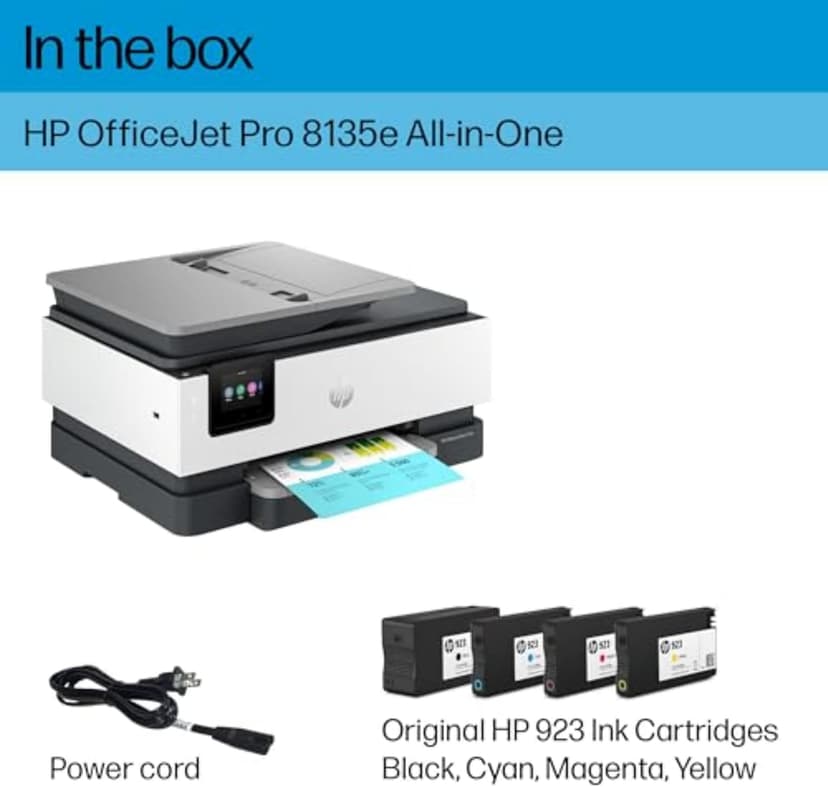 HP OfficeJet Pro 8135e Wireless All-in-One Color Inkjet Printer, Print, Scan, Copy, Fax, ADF, Duplex Printing, Best-for-Home Office, 3 month Instant Ink trial included (40Q35A)