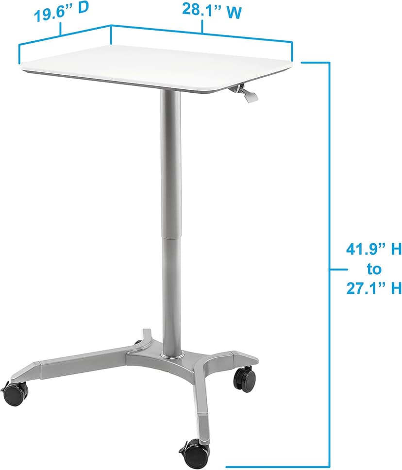 Seville Classics AIRLIFT XL 28" Pneumatic Height Adjustable Sit-Stand Mobile Laptop Computer Desk Cart (27.1" to 41.9" H), White