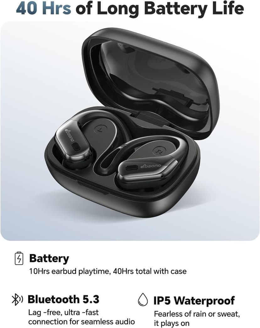 Bluetooth Headphones Wireless Earbuds: Sweatproof & Waterproof, 40H Playtime Wireless Ear Buds with Earhooks, Secure Fit Over Ear Buds with Mic, White Elephant Stocking Stuffers for Men Women