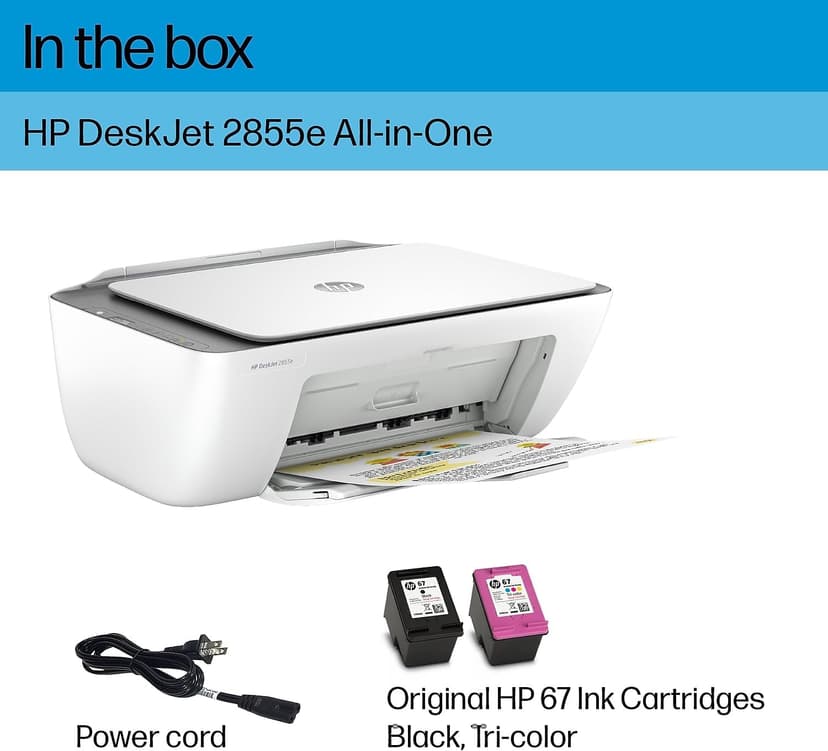 HP DeskJet 2855e Wireless All-in-One Color Inkjet Printer, Scanner, Copier, Best-for-home, 3 months of Instant Ink included, Single-band Wi-Fi connectivity (588S5A)