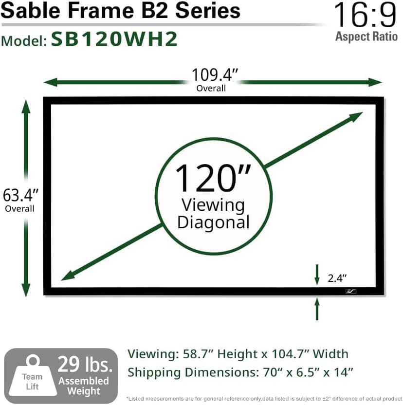 Elite Screens Sable Frame B2 Fixed Frame Projector Screen 120 inch 16 9, 4K/8K UHD, ISF-Certified CineWhite UHD-B (1.3 Gain), Wall Mounted for Standard, Short & UST Projectors, Home Theater, SB120WH2