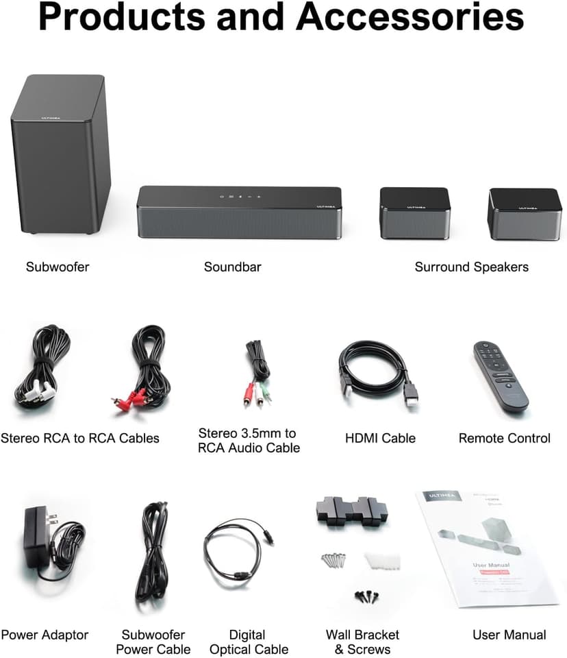 ULTIMEA 5.1 Sound Bar with Dolby Atmos, 410W Surround Sound System for TV, 3D Sound Bars for Smart TV with Subwoofer, Adjustable Surround and Bass, Home Audio Soundbars for TV, HDMI eARC, Poseidon D60