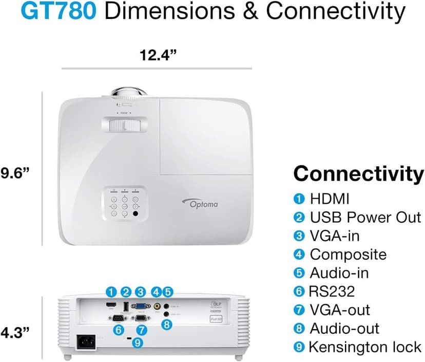 Optoma GT780 Short Throw Projector for Gaming & Movies | HD Ready 720p + 1080p Support | Bright 3800 Lumens for Lights-on Viewing | 3D-Compatible | Speaker Built In