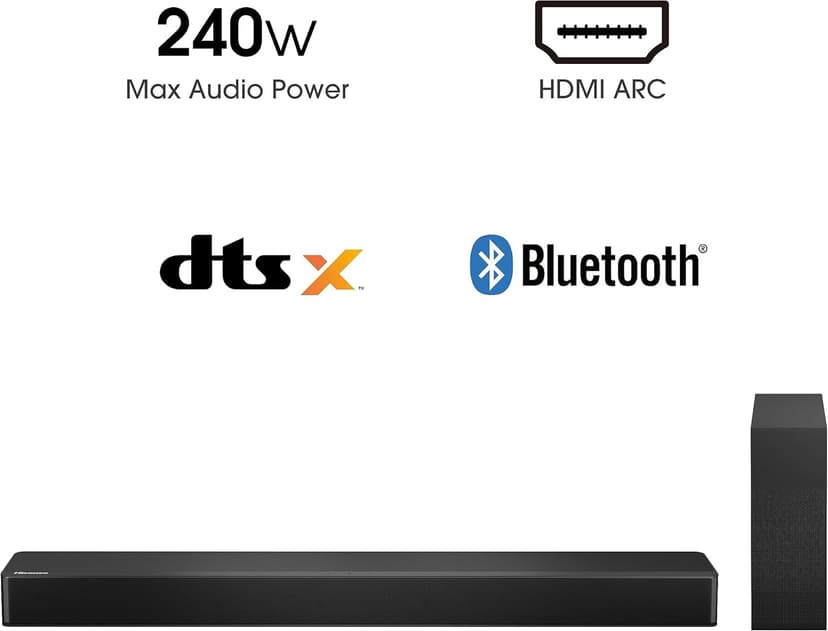Hisense HS2100 2.1 Ch 240W Sound Bar with Wireless Subwoofer - DTS Virtual X, Dolby Audio, Ezplay, 6 EQ Modes, HDMI ARC, Bluetooth 5.3