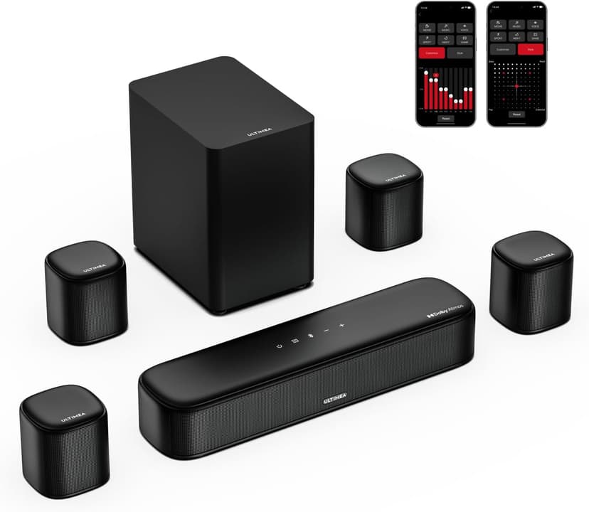 ULTIMEA 7.1ch Sound Bar with Dolby Atmos, Surround Sound System for TV with 4 Surround Speakers, Sound Bar for Smart TV with App Control, Soundbar with Subwoofer for Home Theater, HDMI eARC, Aura A60