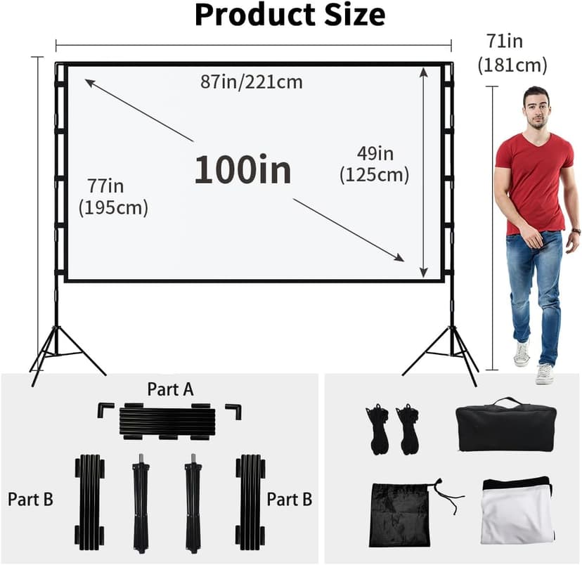 Projector Screen with Stand, Towond 100 inch Outdoor Projector Screen Portable Indoor Projection Screen 16:9 4K Rear Front Movie Screen with Carry Bag for Home Backyard Theater