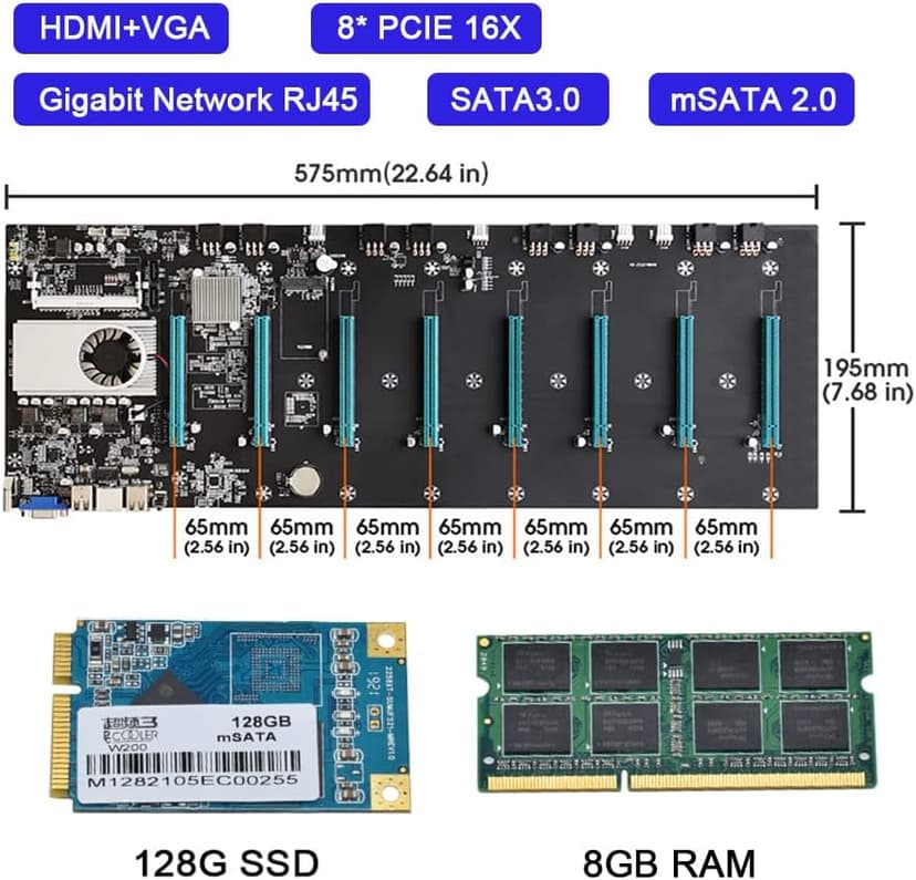 Mining Motherboard S37 with 8GB RAM and 128GB SSD DDR3 Memory Support 8 GPU VGA + HDMI 8XPCIE 16X Graph Card Gigabit Network RJ45 Port for BTC ETH Miner