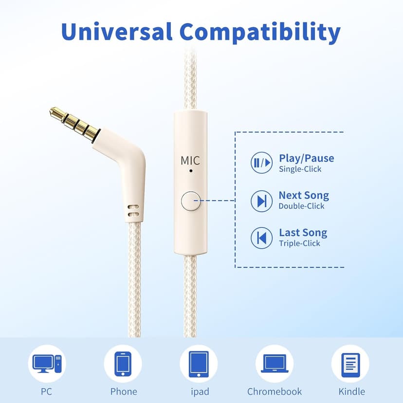 Headphones Wired with Microphone, Over Ear Foldable 3.5mm Plug in Headphones Corded with 4.9ft Tangle-Free Nylon Cord for Tablet, Laptop, MP3/4, School, Airplane Travel (Beige)