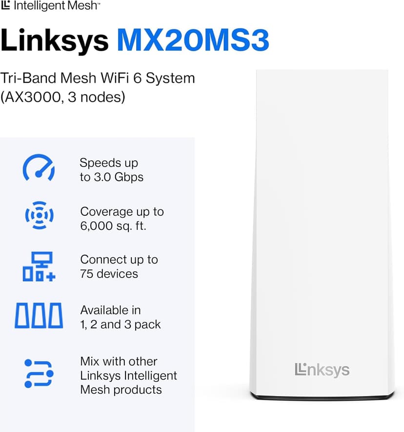 Linksys Atlas WiFi 6 Router Home WiFi Mesh System, Dual-Band, 6,000 Sq. ft Coverage, 802.11ax, 75+ Devices, Speeds up to (AX3000) 3.0Gbps - MX20MS3, 3-Pack