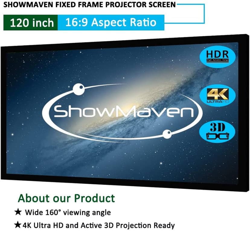 100in /120in Fixed Frame Projector Screen, Diagonal 16:9, Active 3D 4K Ultra HD Projector Screen for Home Theater or Office (16:9, 120")