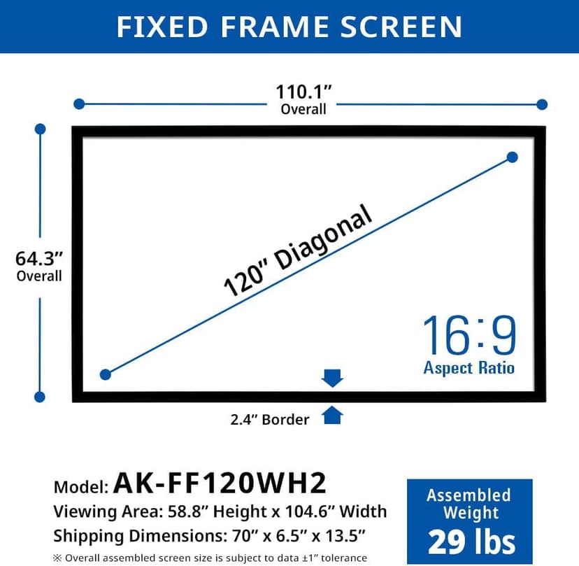 Akia Screens Fixed Frame Projector Screen 120 inch 16:9 8K 4K Ultra HD 3D Ready Wall Mount CINEWHITE UHD-B 120 Projection Screen for Indoor Movie Video Home Theater Cinema Office AK-FF120WH2