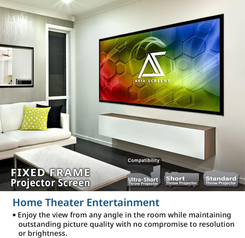 Akia Screens Fixed Frame Projector Screen 120 inch 16:9 8K 4K Ultra HD 3D Ready Wall Mount CINEWHITE UHD-B 120 Projection Screen for Indoor Movie Video Home Theater Cinema Office AK-FF120WH2